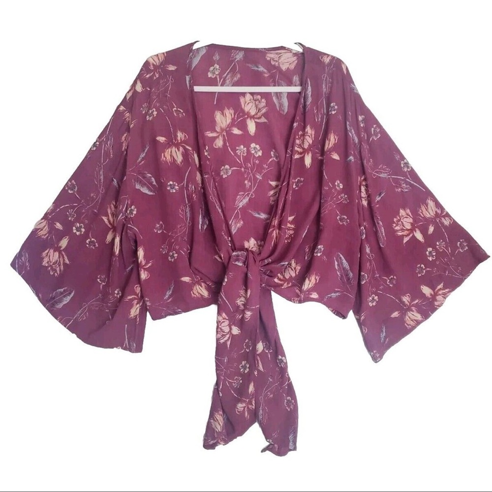 Billabong Women's Tie Front Long Bell Sleeve Boho Pink Floral Blouse. - Picture 3 of 10